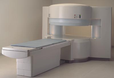 An 'open' MRI unit. These models are designed to alleviate patient claustrophobia.