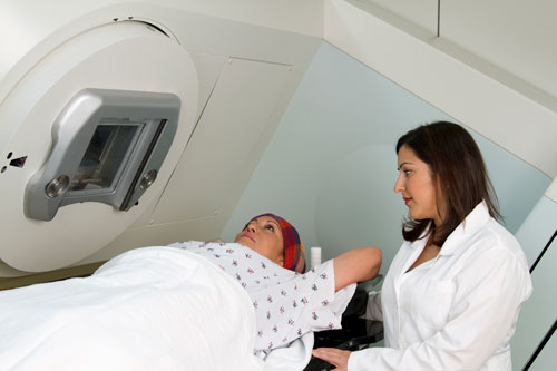 Photograph of a patient being prepped for radiation treatment.