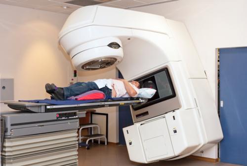 Patient receiving radiation treatment.