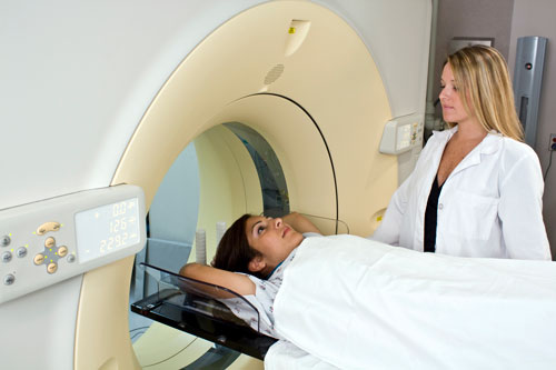 Photo of a patient during a computed tomography (CT) scan.